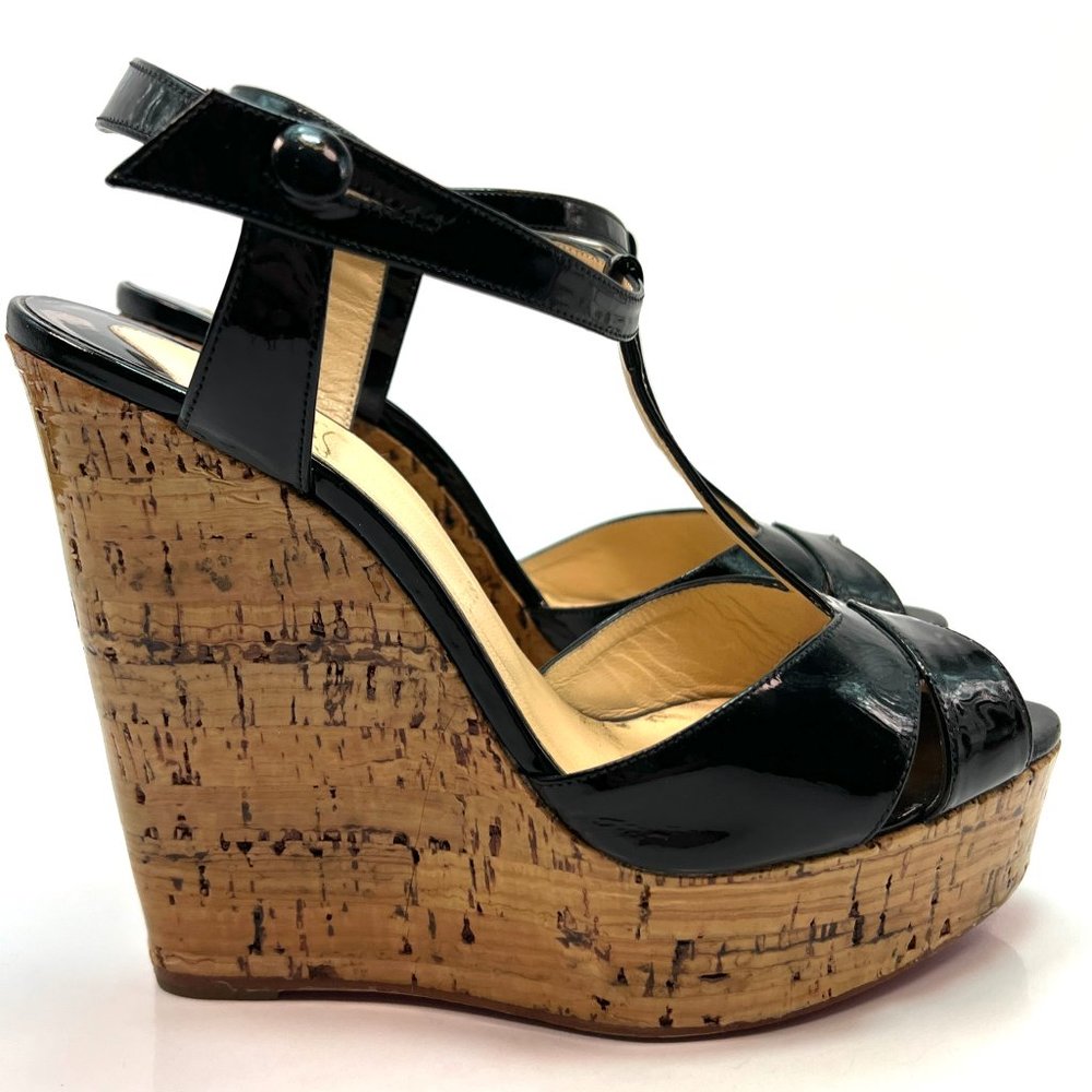 Christian Louboutin Marina Liege Black Patent Cork Wedges 38.5